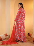 Varanga Women Red Floral Printed Angrakha Style Anarkali Kurta Paired With Chiffon Solid Dupatta