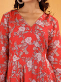 Varanga Women Red Floral Printed Angrakha Style Anarkali Kurta Paired With Chiffon Solid Dupatta