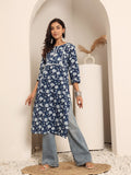 Varanga Women Blue Floral Jaal Printed Straight Kurta With Side Slit.