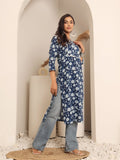 Varanga Women Blue Floral Jaal Printed Straight Kurta With Side Slit.