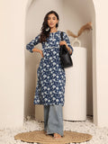 Varanga Women Blue Floral Jaal Printed Straight Kurta With Side Slit.