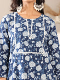 Varanga Women Blue Floral Jaal Printed Straight Kurta With Side Slit.