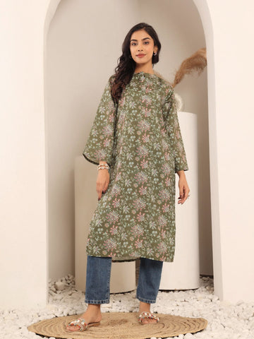 Varanga Women Olive Floral Printed Mandarin Collar Kurta With Long Flared Sleeves And Side Slits