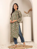 Varanga Women Olive Floral Printed Mandarin Collar Kurta With Long Flared Sleeves And Side Slits