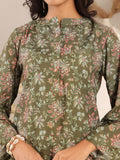 Varanga Women Olive Floral Printed Mandarin Collar Kurta With Long Flared Sleeves And Side Slits