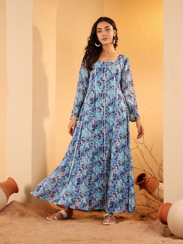 Varanga Women Blue Floral Printed Anarkali Kurta Paired With Dupatta