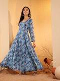 Varanga Women Blue Floral Printed Anarkali Kurta Paired With Dupatta