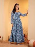 Varanga Women Blue Floral Printed Anarkali Kurta Paired With Dupatta