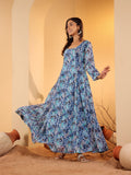 Varanga Women Blue Floral Printed Anarkali Kurta Paired With Dupatta