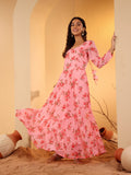 Varanga Women Pink Floral Printed Anarkali Kurta Paired With Solid Dupatta