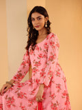 Varanga Women Pink Floral Printed Anarkali Kurta Paired With Solid Dupatta