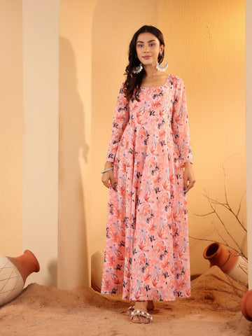 Varanga Women Peach Floral Printed Anarkali Kurta Paired With Tonal Chiffon Solid Dupatta With Four Side Traingular Gota Lace