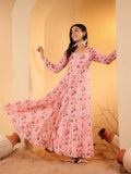 Varanga Women Peach Floral Printed Anarkali Kurta Paired With Tonal Chiffon Solid Dupatta With Four Side Traingular Gota Lace