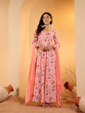 Varanga Women Peach Floral Printed Anarkali Kurta Paired With Tonal Chiffon Solid Dupatta With Four Side Traingular Gota Lace