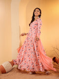 Varanga Women Peach Floral Printed Anarkali Kurta Paired With Tonal Chiffon Solid Dupatta With Four Side Traingular Gota Lace