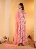 Varanga Women Peach Floral Printed Anarkali Kurta Paired With Tonal Chiffon Solid Dupatta With Four Side Traingular Gota Lace