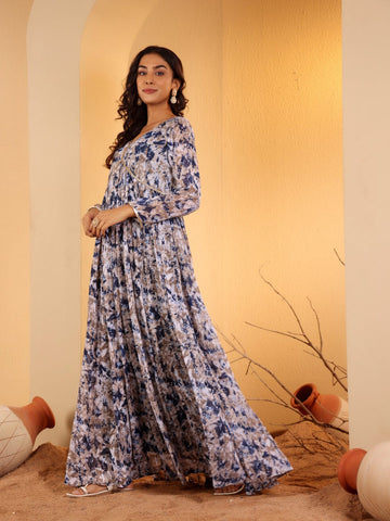 Varanga Women Navy Blue Floral Printed V-Neck Anarkali Kurta Paired With Dupatta