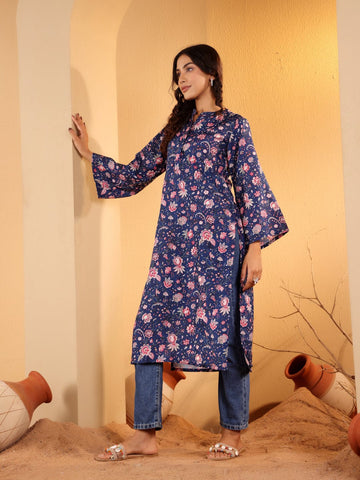 Varanga Women Blue Floral Printed Straight Kurta With Flared Sleeves