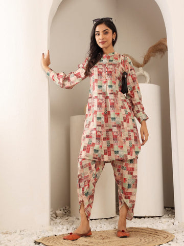 Varanga Women Beige Geometrical Printed Apple Hem Kurta With Dhoti Trouser