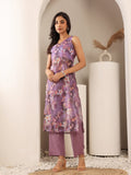 Varanga Women Floral Printed Sleeveless Highslit Straight Kurta Paired With Tonal Bottom