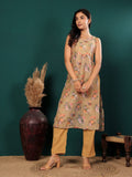 Varanga Women Floral Printed Sleeveless Highslit Straight Kurta Paired With Tonal Bottom