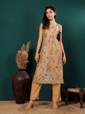 Varanga Women Floral Printed Sleeveless Highslit Straight Kurta Paired With Tonal Bottom