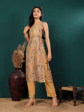 Varanga Women Floral Printed Sleeveless Highslit Straight Kurta Paired With Tonal Bottom