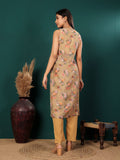 Varanga Women Floral Printed Sleeveless Highslit Straight Kurta Paired With Tonal Bottom