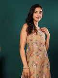 Varanga Women Floral Printed Sleeveless Highslit Straight Kurta Paired With Tonal Bottom