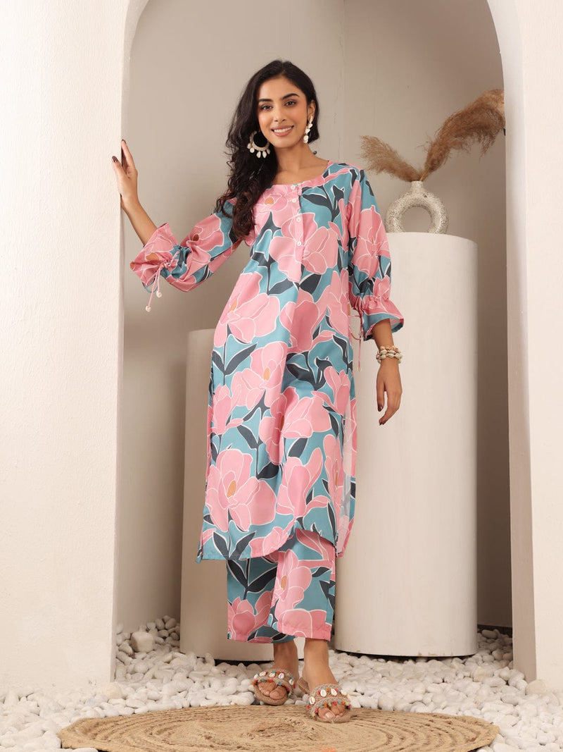 Varanga Women Blue And Pink Floral Printed Kurta Set With Side Slit And Trendy Puffy Sleeve With Tie Detail.