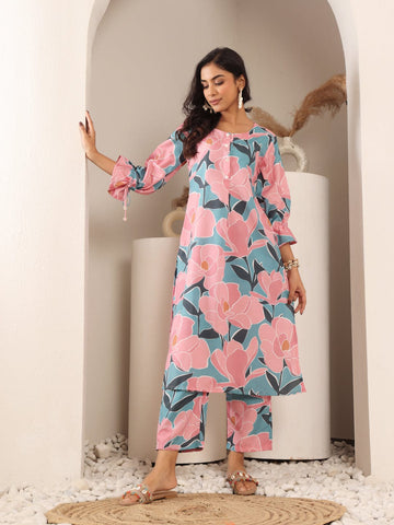 Varanga Women Blue And Pink Floral Printed Kurta Set With Side Slit And Trendy Puffy Sleeve With Tie Detail.