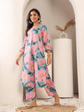 Varanga Women Blue And Pink Floral Printed Kurta Set With Side Slit And Trendy Puffy Sleeve With Tie Detail.