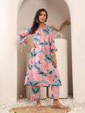 Varanga Women Blue And Pink Floral Printed Kurta Set With Side Slit And Trendy Puffy Sleeve With Tie Detail.