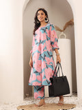 Varanga Women Blue And Pink Floral Printed Kurta Set With Side Slit And Trendy Puffy Sleeve With Tie Detail.