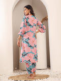 Varanga Women Blue And Pink Floral Printed Kurta Set With Side Slit And Trendy Puffy Sleeve With Tie Detail.