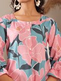 Varanga Women Blue And Pink Floral Printed Kurta Set With Side Slit And Trendy Puffy Sleeve With Tie Detail.