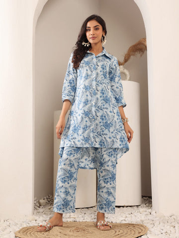 Varanga Women Blue Floral Printed Hi-Low Hem Style Kurta Sets