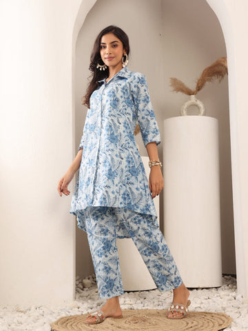 Varanga Women Blue Floral Printed Hi-Low Hem Style Kurta Sets