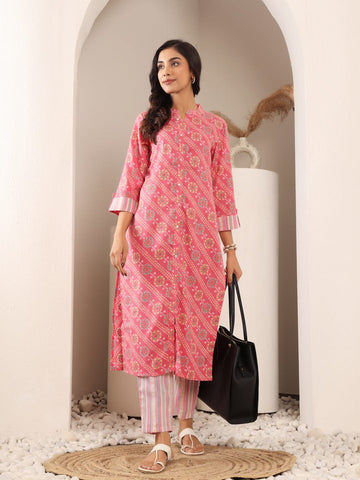 Varanga Women Coral Pink Bandhani Printed Kurta With Trouser