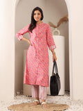 Varanga Women Coral Pink Jaipuri Bandhani Khadi Printed Kurta With Trouser