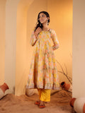 Varanga Women Yellow Floral Printed Round Neck Anarkali Kurta Paired With Tonal Bottom And Contrast Dupatta With Triangular Lace