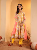 Varanga Women Yellow Floral Printed Round Neck Anarkali Kurta Paired With Tonal Bottom And Contrast Dupatta With Triangular Lace