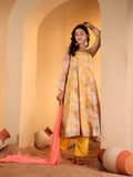 Varanga Women Yellow Floral Printed Round Neck Anarkali Kurta Paired With Tonal Bottom And Contrast Dupatta With Triangular Lace