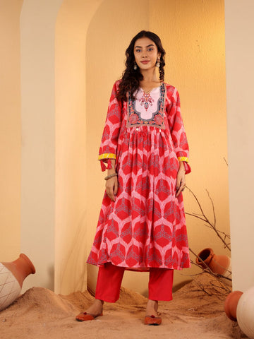 Varanga Women Red Ethnic Motif Printed Anarkali Kurta Paired With Tonal Solid Bottom And Dupatta