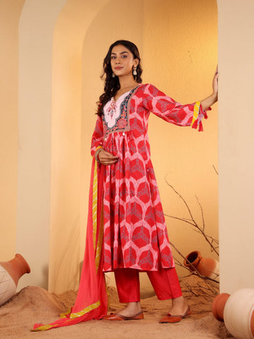 Varanga Women Red Ethnic Motif Printed Anarkali Kurta Paired With Tonal Solid Bottom And Dupatta