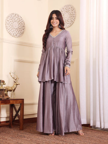 Varanga V-Neck Lavendar & Silver Toned Gotta Patti A-Line Flared Kurta with Palazzo