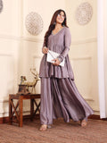 Varanga V-Neck Lavendar & Silver Toned Gotta Patti A-Line Flared Kurta with Palazzo