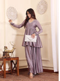 Varanga V-Neck Lavendar & Silver Toned Gotta Patti A-Line Flared Kurta with Palazzo