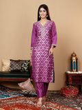 Varanga Women Pruple Brocade Lace Embellished Straight Kurta With Trousers And Fringed Dupatta