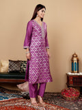 Varanga Women Pruple Brocade Lace Embellished Straight Kurta With Trousers And Fringed Dupatta